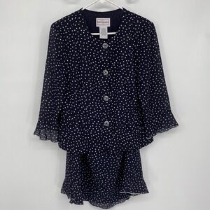 Vintage Y2K Karin Stevens Skirt Suit Set Size 12 Navy Polka Dot Office Chic